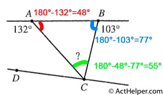 10. The figure below shows lines AB and DC, line segments AT and BC, and 2 angle measures. What is the measure of ACB ?