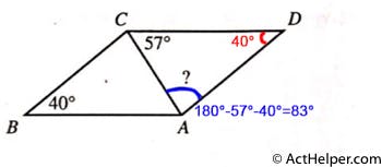 7. In parallelogram ABCD below, AC is a diagonal, the measure of %ABC is 40°, and the measure of LACD is 570. What is the measure of LCAD ?