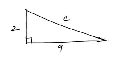 5. What is the length,. in. inches, of the hypotenuse of a
right triangle with a leg that is 9 inches long and a leg
that is 2 inches long?