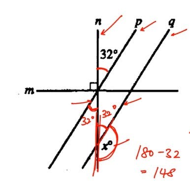 20. In the figure below, line m is perpendicular to line n, and
line p is parallel to line q. Lines m, n, and p intersect at a
single point Some angle measures are given. What is
the value of x ?